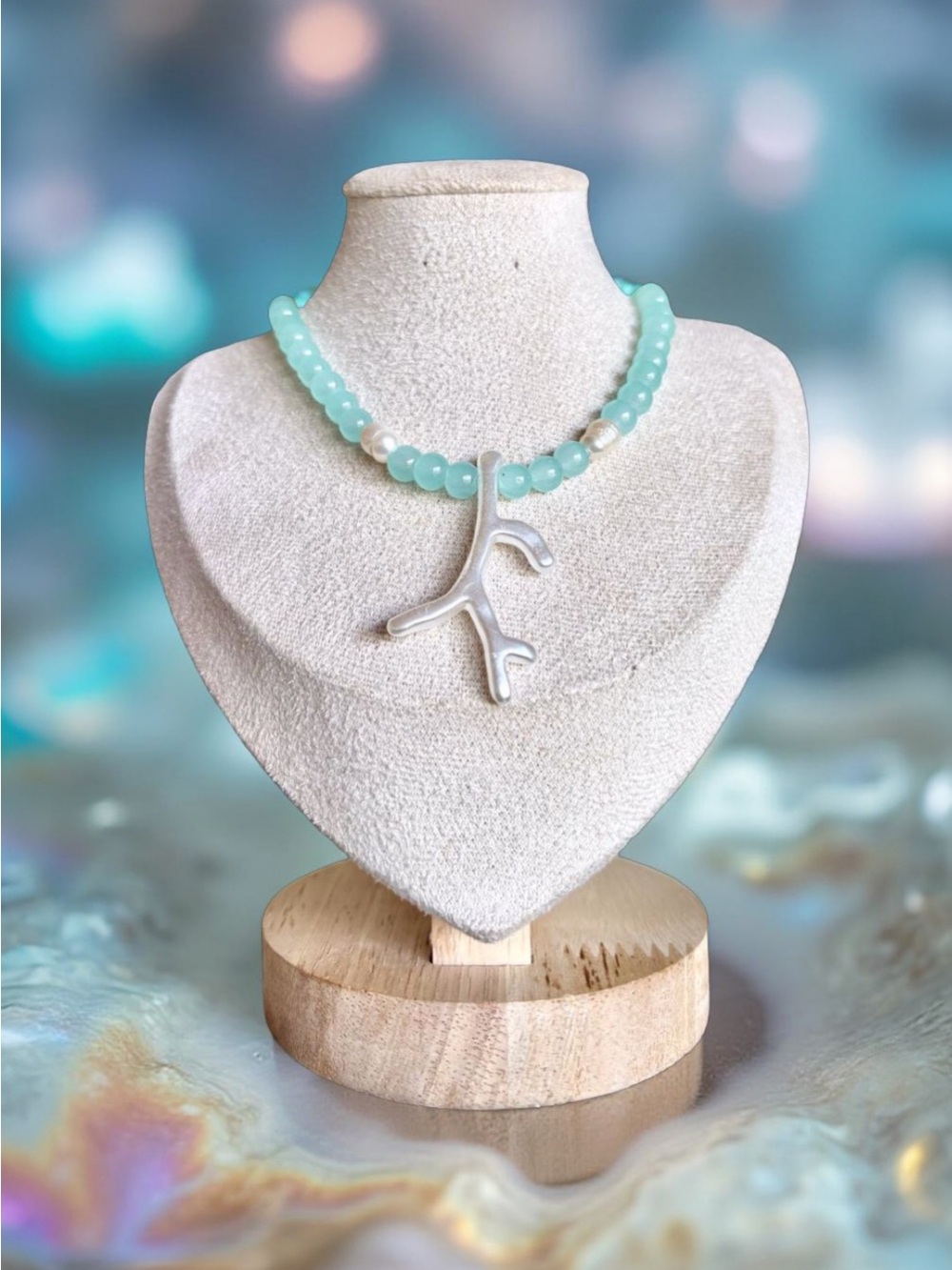 One-of-a-Kind Aqua Beaded Necklace with Pearls/Magnetic Vintage Jewelry